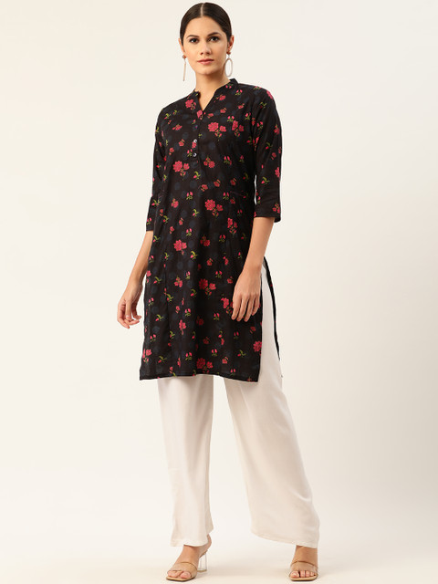 

Anouk Women Black & Pink Cotton Floral Printed Straight Kurta