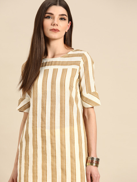 

Anouk Women Off White & Mustard Yellow Pure Cotton Striped Kurta