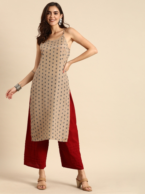 

Anouk Women Beige & Navy Blue Ethnic Motifs Printed Shoulder Strap Kurta