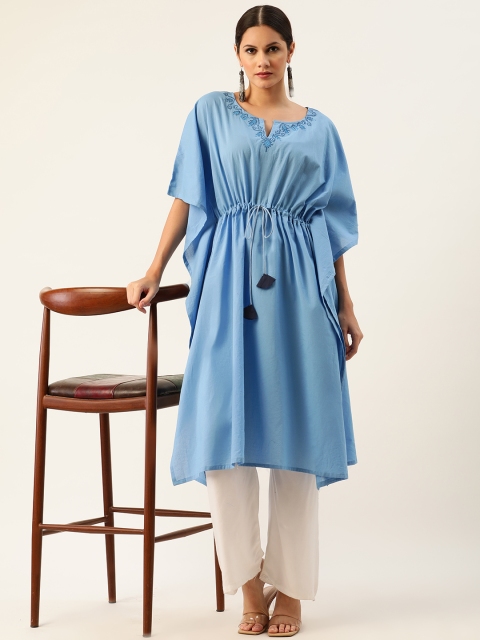 

Anouk Women Blue Solid Cotton Kimono Sleeves Kaftan Kurta with Waist Tie-Up