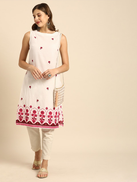 

Anouk Women White & Pink Floral Printed Kurta