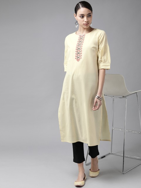 

Anouk Women Yellow Embroidered Yoke Design Pure Cotton Straight Kurta