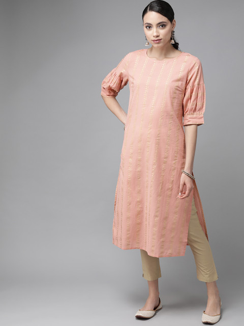 

Anouk Women Pink & Golden Printed Pure Cotton Straight Kurta