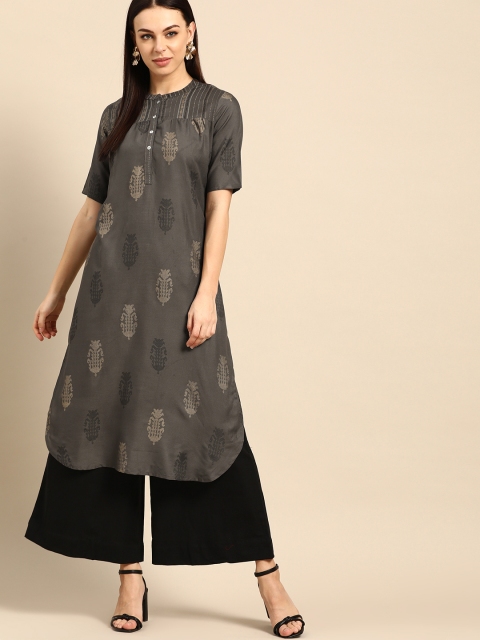 

Anouk Women Charcoal Grey & Golden Ethnic Motifs Printed Straight Kurta