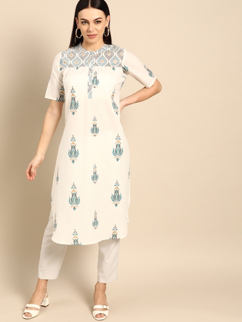 

Anouk White & Teal Blue Ethnic Motifs Printed Straight Kurta