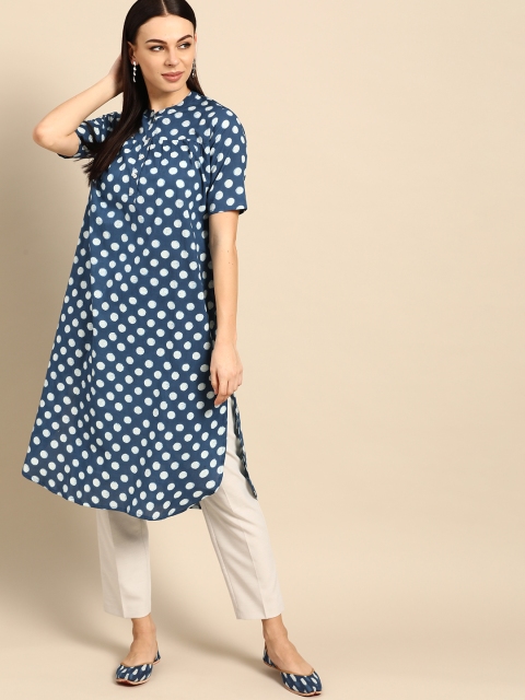 

Anouk Navy Blue & White Pure Cotton Geometric Printed Kurta