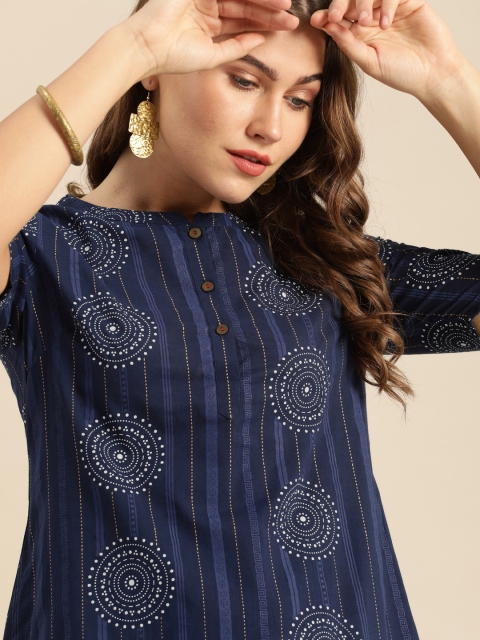

Anouk women Navy Blue & White Cotton Ethnic Printed Kurta