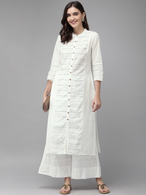 

Anouk Women White & Blue Printed A-Line Kurta