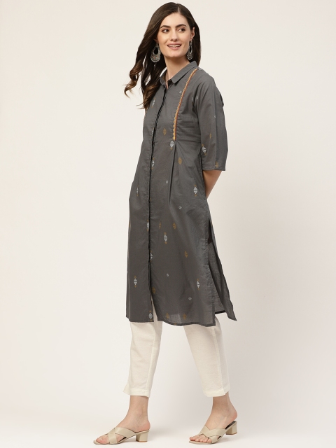 

Anouk Women Grey & Mustard Yellow Geometric Thread Work Pure Cotton Kurta