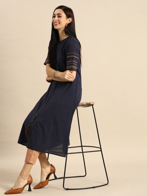 

Anouk Women Navy Blue Solid Thread Work Mandarin Neck A-line Kurta