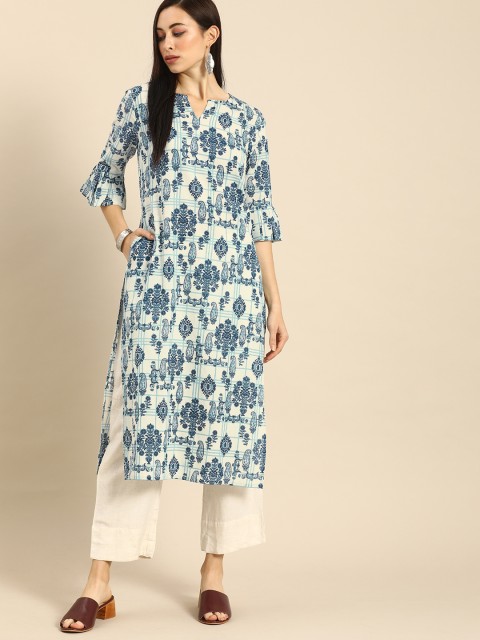 

Anouk Women White & Navy Blue Ethnic Motifs Printed Bell Sleeves Kurta