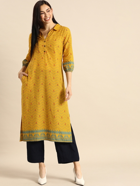 

Anouk Women Mustard Yellow Floral Printed Puff Sleeves Shirt Collar Straight Kurta