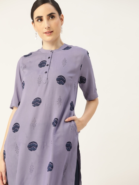 

Anouk Women Purple & Navy Blue Ethnic Motifs Print Straight Kurta