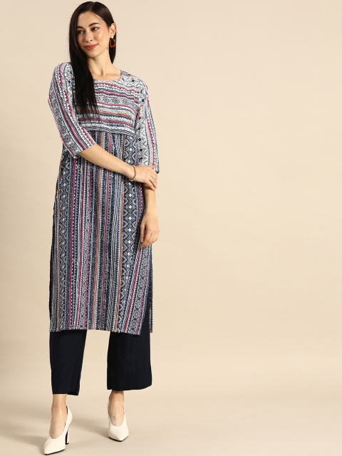 

Anouk Women White & Blue Geometric Printed Three-Quarter Sleeves Straight Kurta, Navy blue