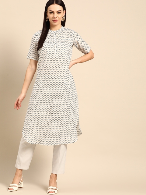 

Anouk Women White & Navy Blue Chevron Printed Straight Kurta