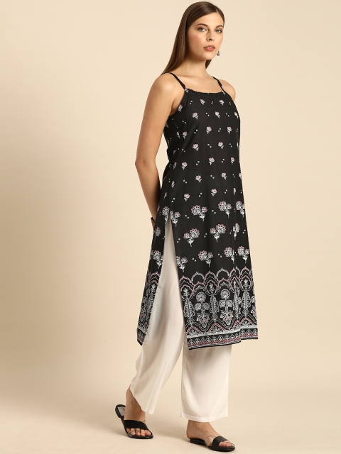 

Anouk Women Black & White Ethnic Motifs Printed Floral Pure Cotton Kurta