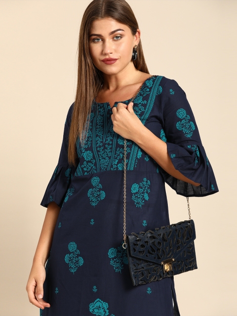 

Anouk Women Blue Ethnic Motifs Printed Bell Sleeves Floral Cotton Kurta
