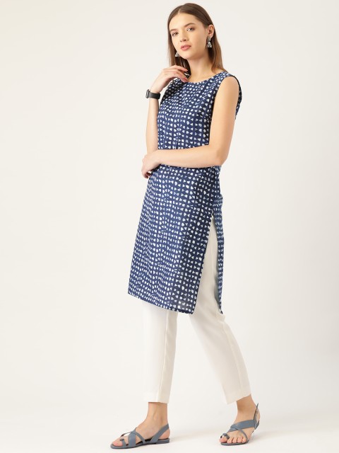 

Anouk Women Navy Blue & White Geometric Printed Indigo Pure Cotton Kurta