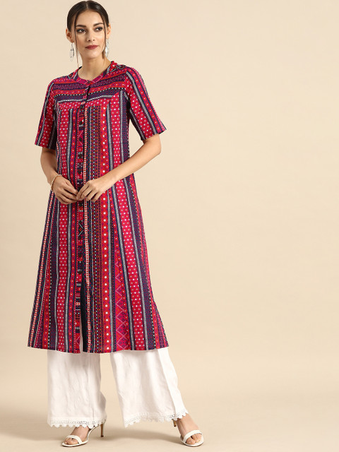

Anouk Women Fuchsia Pink & Blue Geometric Printed Short Sleeves A-line Kurta