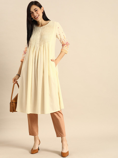 

Anouk Women Off White Solid Pleated Round Neck A-line Kurta with Thread work on Sleeves