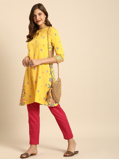 

Anouk Women Yellow & Pink Floral Printed Keyhole Neck Kurta