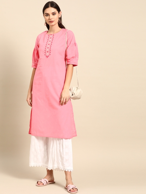 

Anouk Women Pink Yoke Design Straight Cotton Kurta