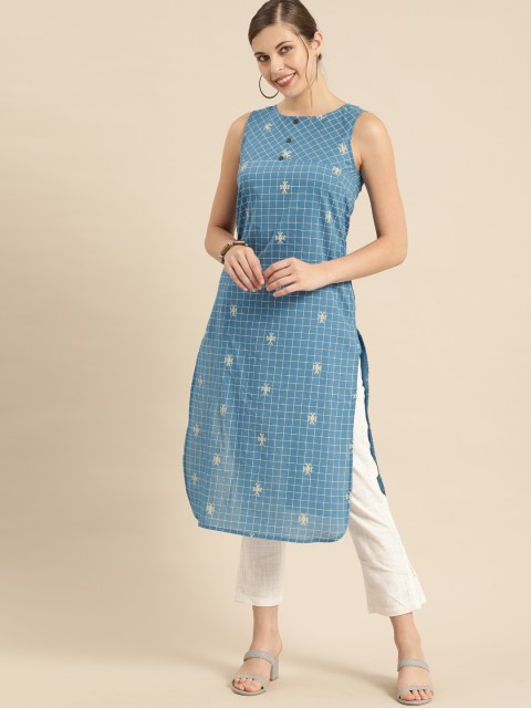 

Anouk Women Blue Checked Round Neck Sleeveless Pure Cotton Kurta
