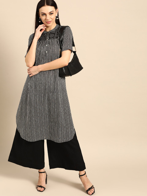

Anouk Women Black & White Striped Pure Cotton Flared Sleeves A-Line Kurta