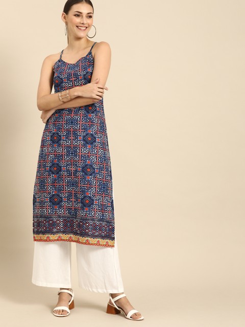 

Anouk Women Navy Blue & Red Geometric Printed Kurta