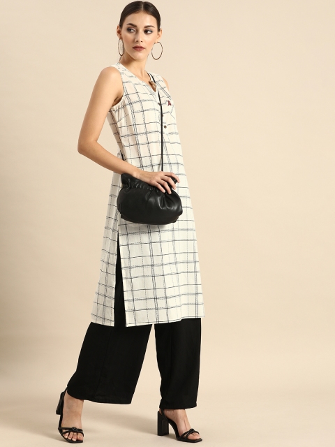 

Anouk Women White & Navy Blue Checked Sleeveless Round Neck Straight Kurta