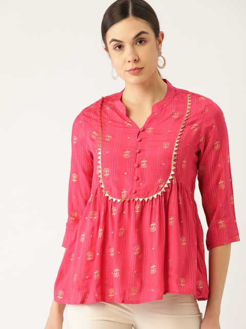 

Anouk Pink & Golden Floral Printed Mandarin Collar A-Line Top