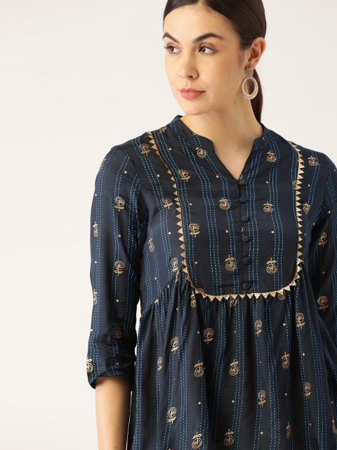 

Anouk Women Navy Blue & Beige Ethnic Motifs Print Mandarin Collar Embroidered Regular Top