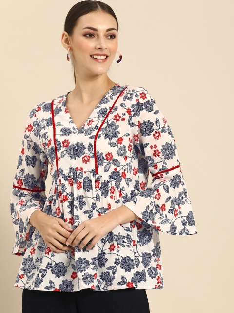 

Anouk White Floral Printed Bell Sleeves Peplum Top