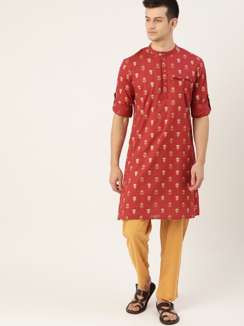 

Anouk Men Red & Mustard Yellow Ethnic Motifs Printed Pure Cotton Kurta with Trousers