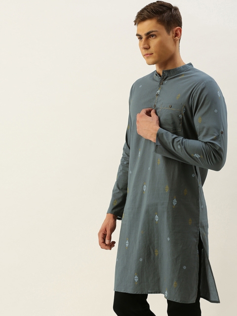 

Anouk Men Grey & Yellow Ethnic Motifs Printed Flared Sleeves Kurta