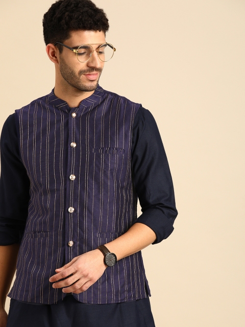 

Anouk Men Navy Blue & Yellow Striped Nehru Jacket