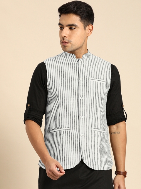 

Anouk Men White & Grey Striped Nehru Jacket