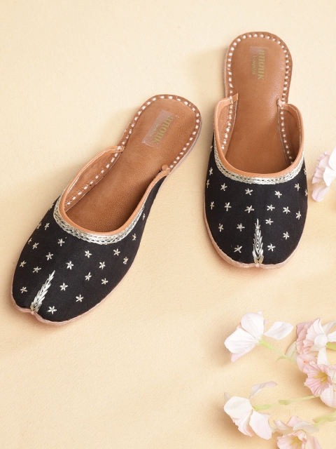 

Anouk Women Black & Muted Gold-Toned Hand-Made Embroidered Mojaris