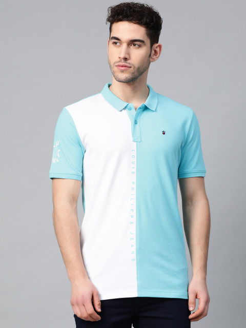 

Louis Philippe Jeans Men White & Blue Colourblocked Polo Collar T-shirt