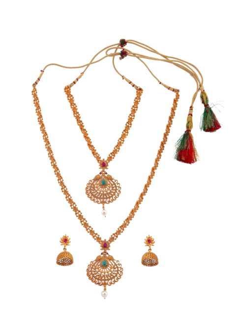 

Alankruthi Gold-Plated Red & Green Stone-Studded Traditional Pan Leaf Jewellery Set
