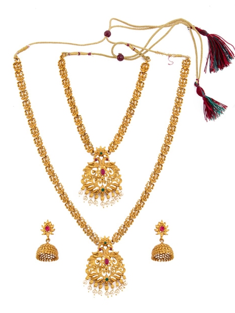 

Alankruthi Gold-Plated Pink Stone-Studded Temple Jewellery Set