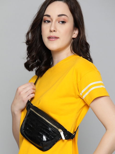 

Harvard Women Mustard Yellow Solid Round Neck Pure Cotton T-shirt With Striped Sleeves