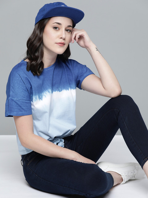 

Harvard Women Blue & White Tie And Dye Pure Cotton Cinched Waist Top
