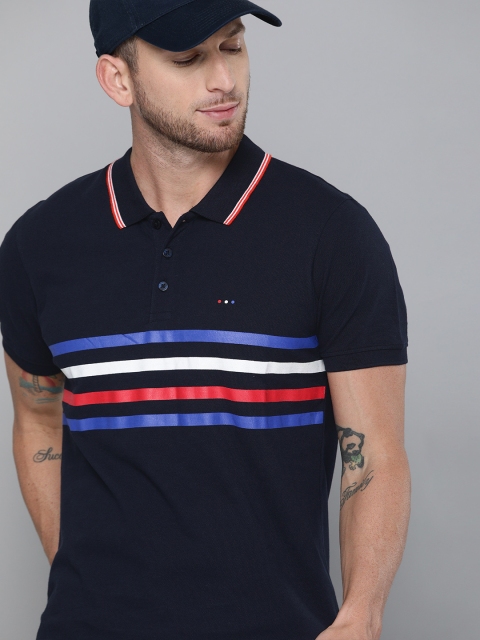 

Harvard Men Navy Blue & Red Striped Pure Cotton Polo Collar T-shirt