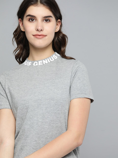 

Harvard Women Grey Melange Pure Cotton Solid High Neck T-shirt