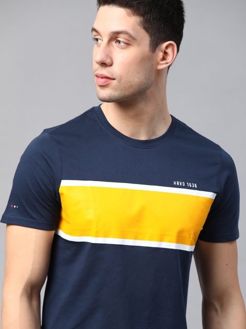 

Harvard Men Navy Blue & Yellow Cotton Colorblocked T-shirt