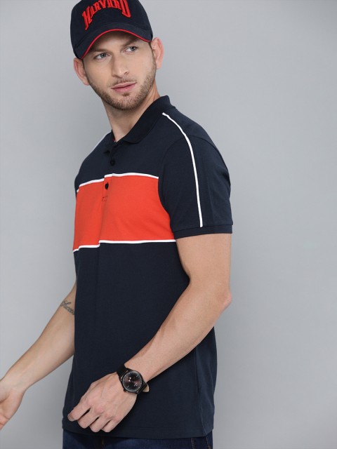 

Harvard Men Black Orange Colourblocked Polo Collar Pure Cotton T-shirt