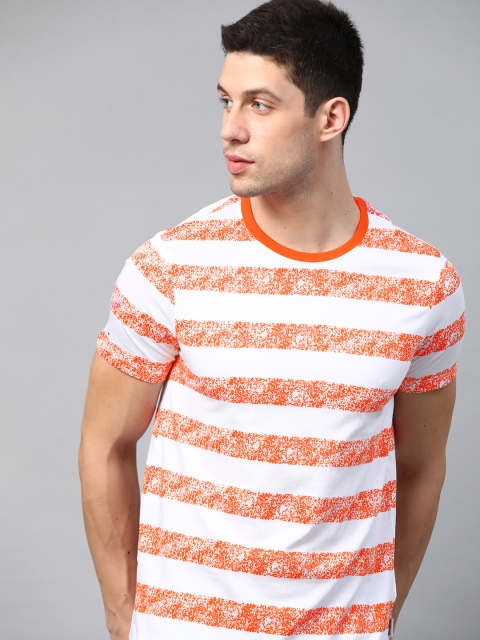 

Harvard Men White Orange Cotton Striped Pure Cotton T-shirt