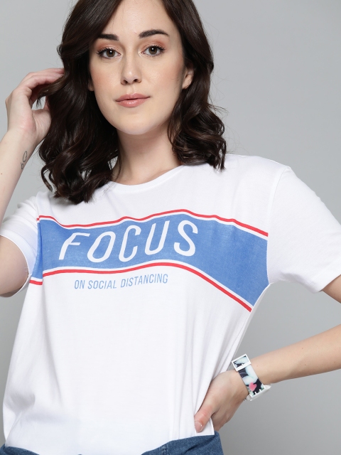 

Harvard Women White & Blue Printed Round Neck T-shirt
