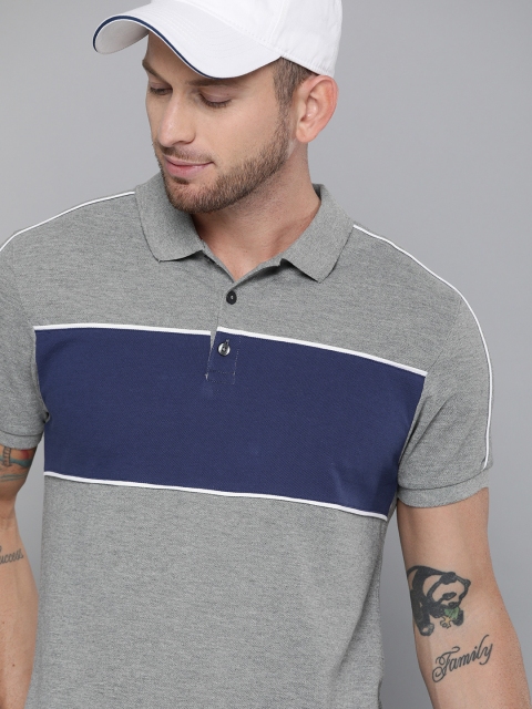 

Harvard Men Grey Melange & Navy Blue Colourblocked Polo Collar T-shirt